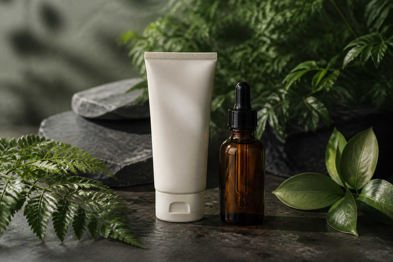 Güneş kremi şişesi ve yeşil yapraklar arasında amber serum damlalığı