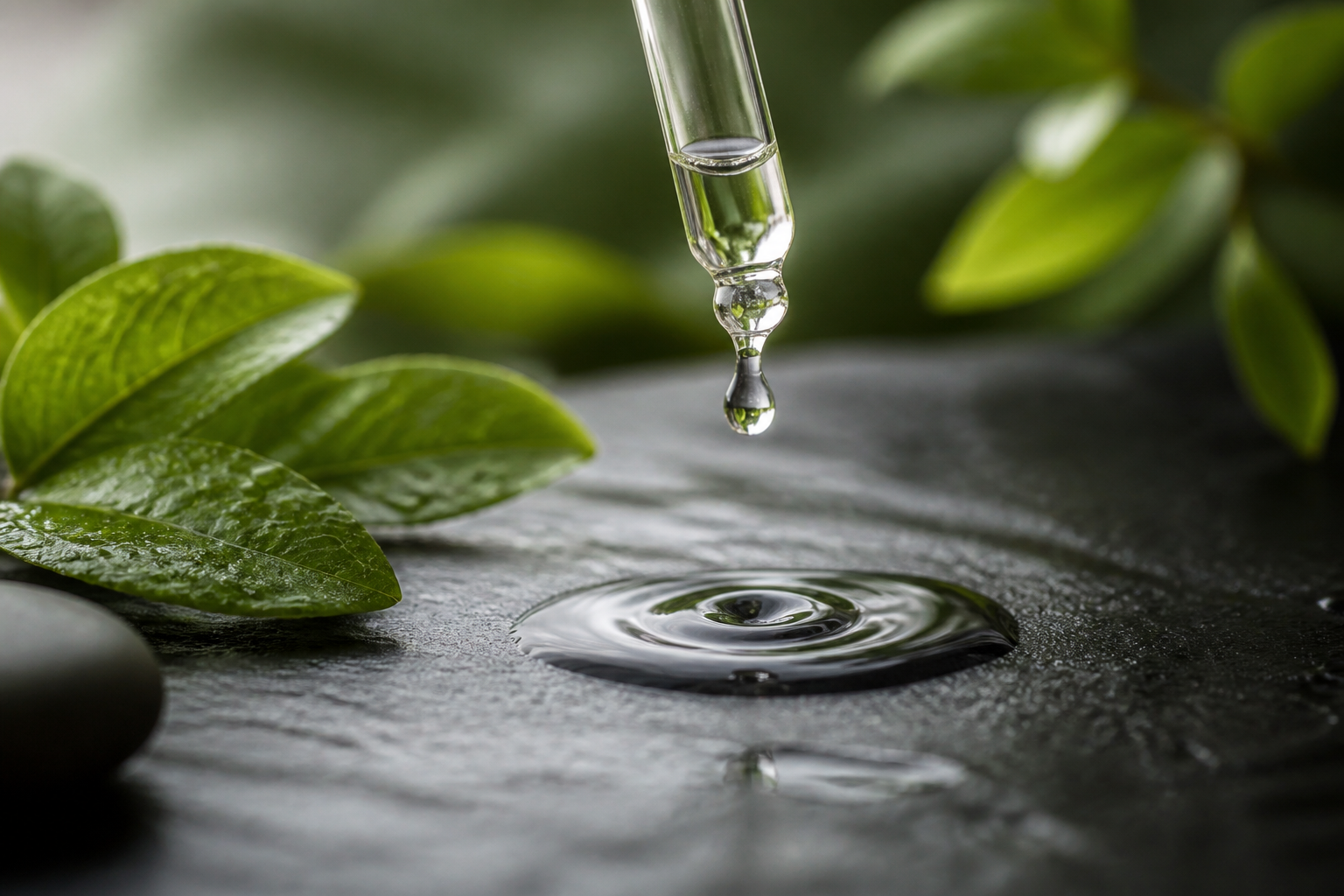 Şeffaf serum damlası cam pipetten arduvaz zemine düşerken
