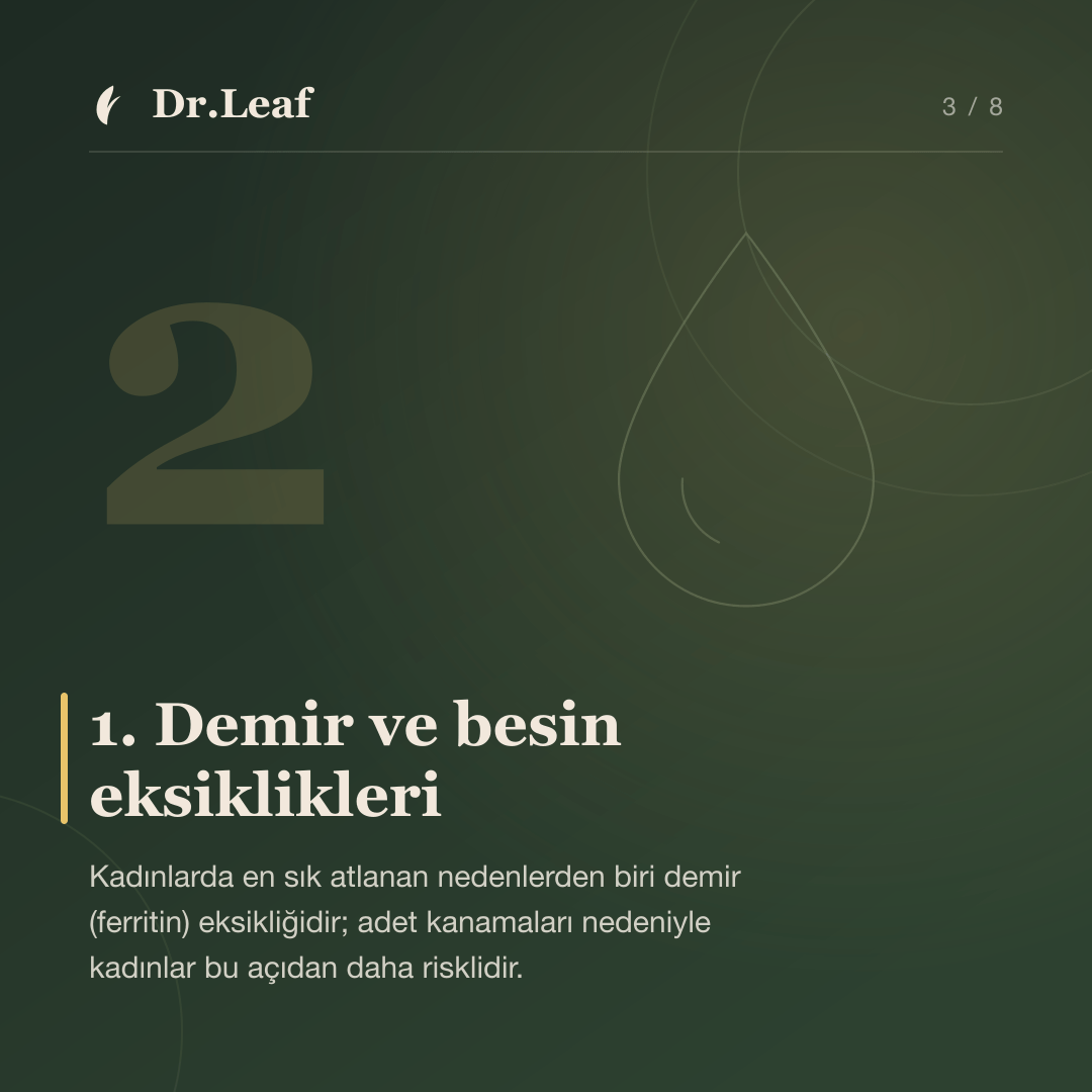 Kadınlarda Saç Dökülmesinin Yaygın Nedenleri: 1. Demir ve besin eksiklikleri — bilgi kartı 3