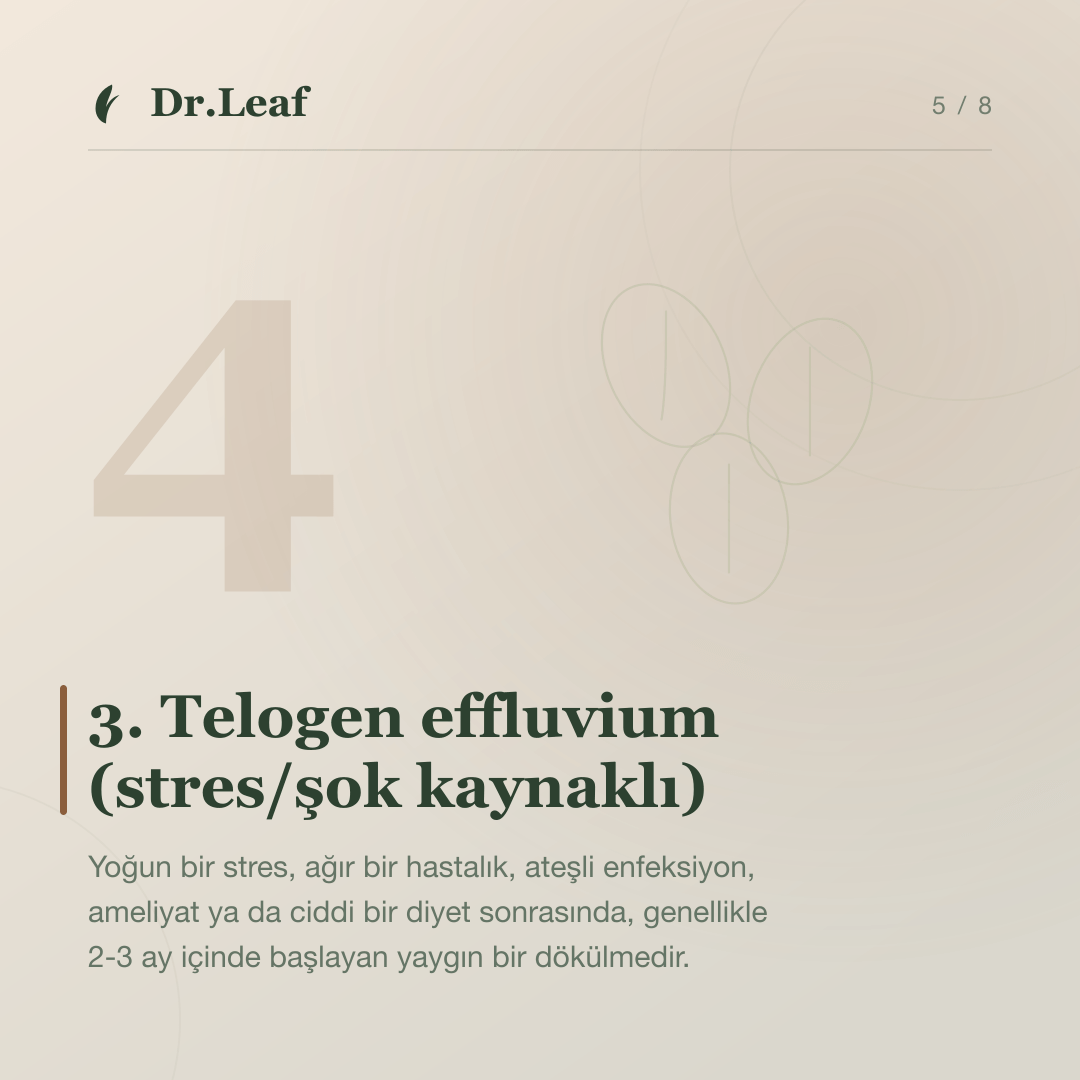 Kadınlarda Saç Dökülmesinin Yaygın Nedenleri: 3. Telogen effluvium (stres/şok kaynaklı) — bilgi kartı 5