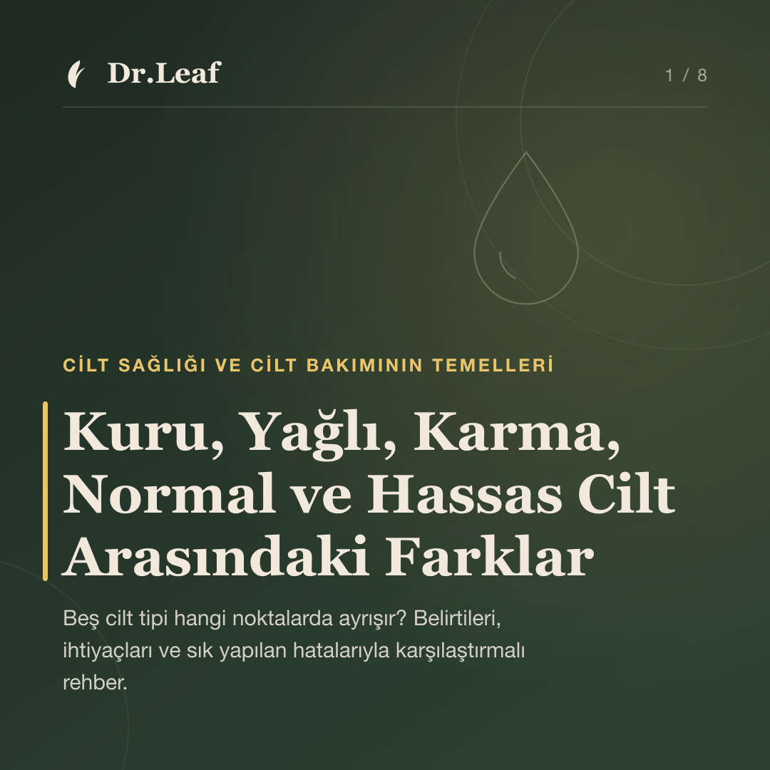 Kuru, Yağlı, Karma, Normal ve Hassas Cilt Arasındaki Farklar — Dr.Leaf bilgi kartı