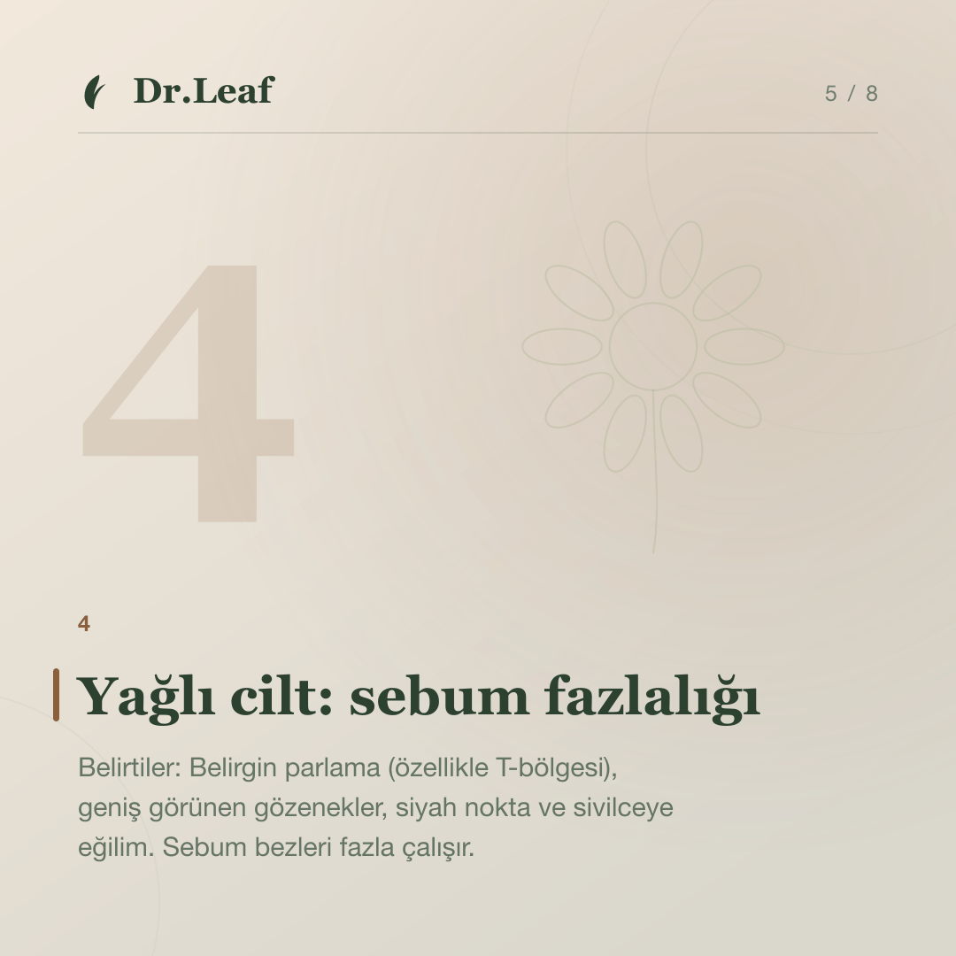 Kuru, Yağlı, Karma, Normal ve Hassas Cilt Arasındaki Farklar: Yağlı cilt: sebum fazlalığı — bilgi kartı 5