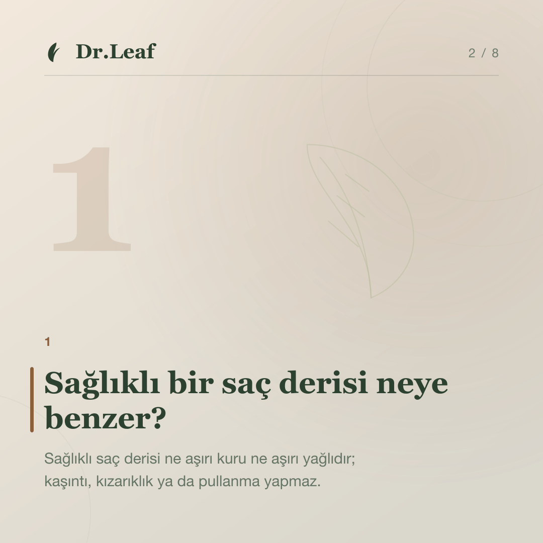 Saç Derisinde Kaşıntı, Kızarıklık ve Kabuklanma Neden Olur?: Sağlıklı bir saç derisi neye benzer? — bilgi kartı 2