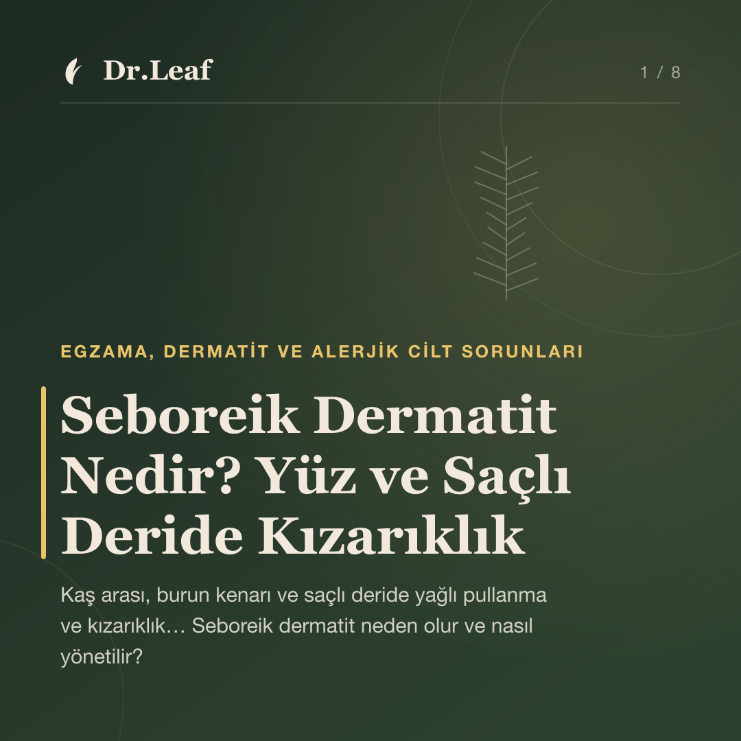 Seboreik Dermatit Nedir? Yüz ve Saçlı Deride Kızarıklık — Dr.Leaf bilgi kartı