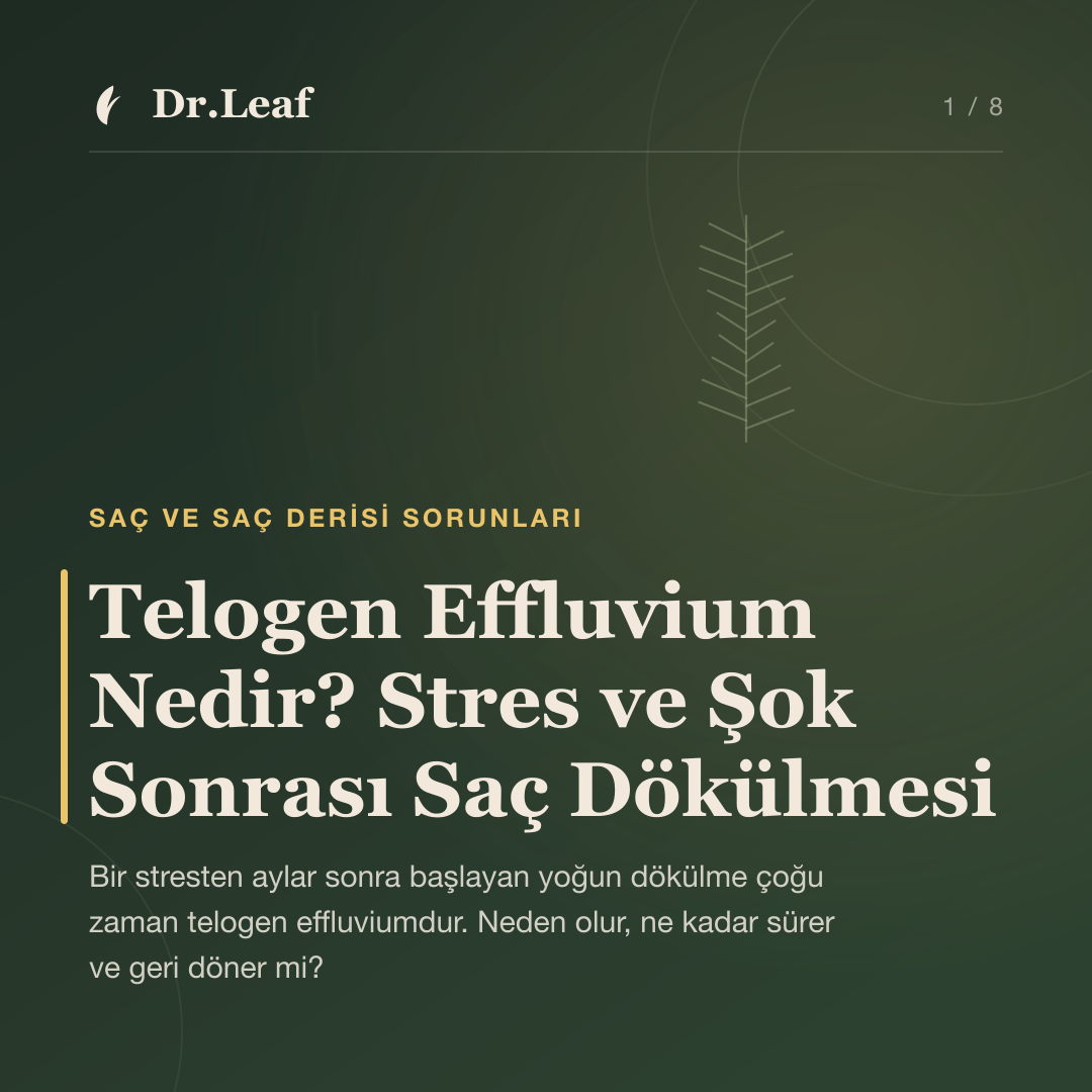 Telogen Effluvium Nedir? Stres ve Şok Sonrası Saç Dökülmesi — Dr.Leaf bilgi kartı